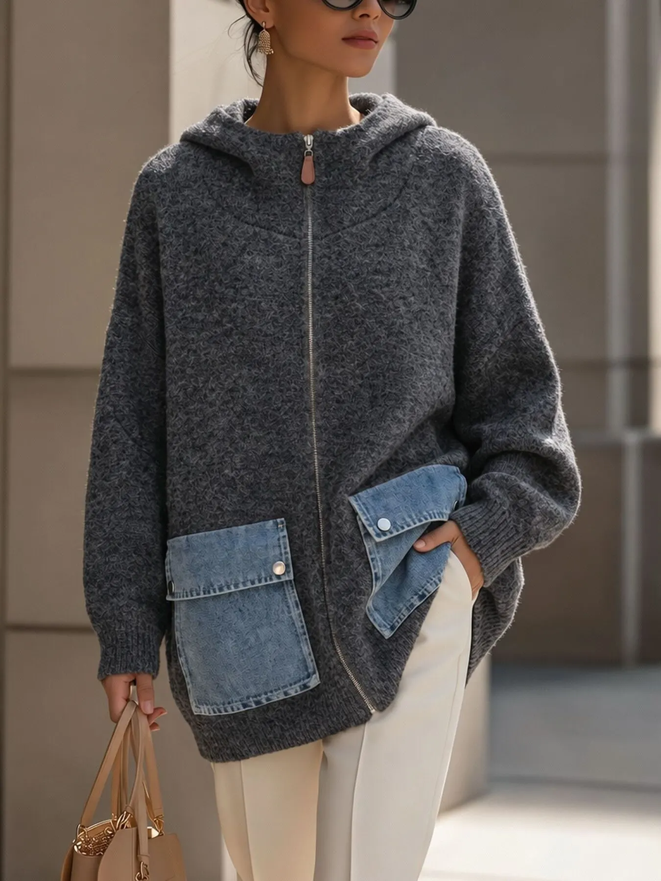 Contrast Denim Pockets Hooded Cardigan